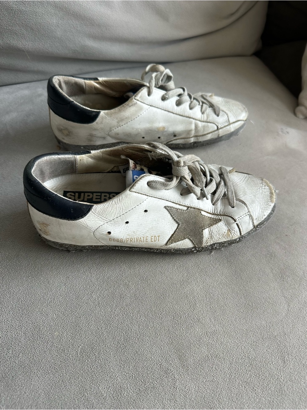 Golden Goose White Leather Sneakers with Black Heel and Gray Star